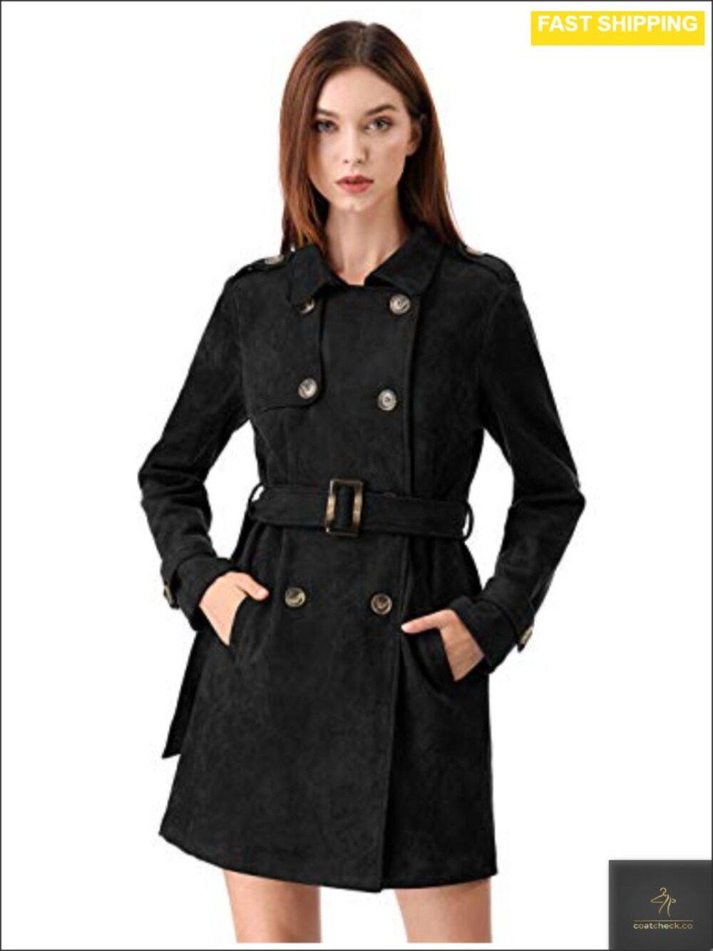 Faux Suede Trench Coat Double Breasted Belted Jacket Notch Collar